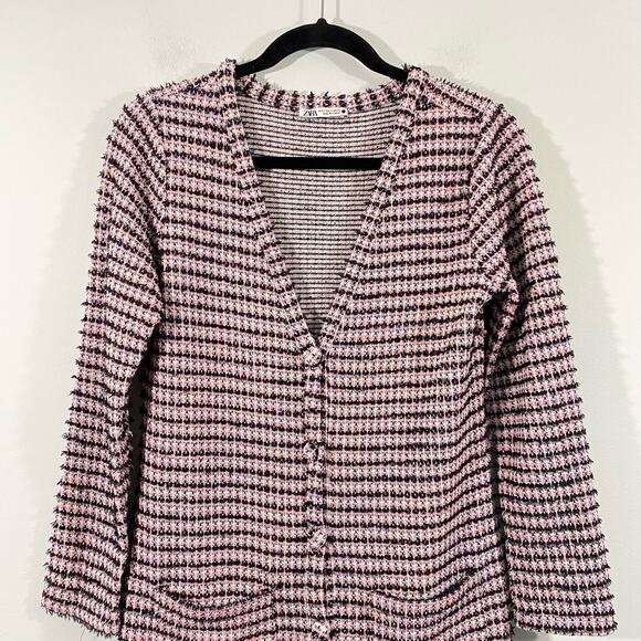 Zara Women's Pink & Black Textured Tweed V-neck Oversized Sweater Dress Size S - Picture 2 of 8